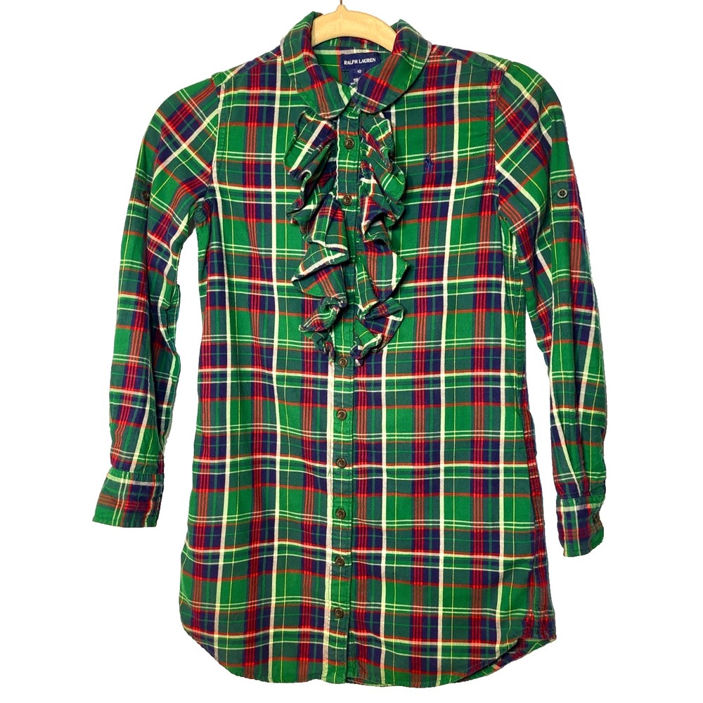 Ralph Lauren Plaid Ruffle Button Front Shirt Dress Long Sleeve Roll Tab Girls 10